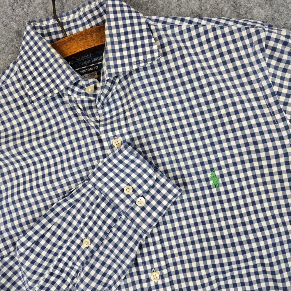Polo Ralph Lauren Men Gingham Shirt Navy Blue White Custom Fit 15.5 34/35 Cotton